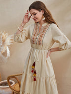Women Three Quarter Sleeve Dress Tassel Detail Ruffle Hem Lantern Sleeve Stand Collar With Belt - Apricot