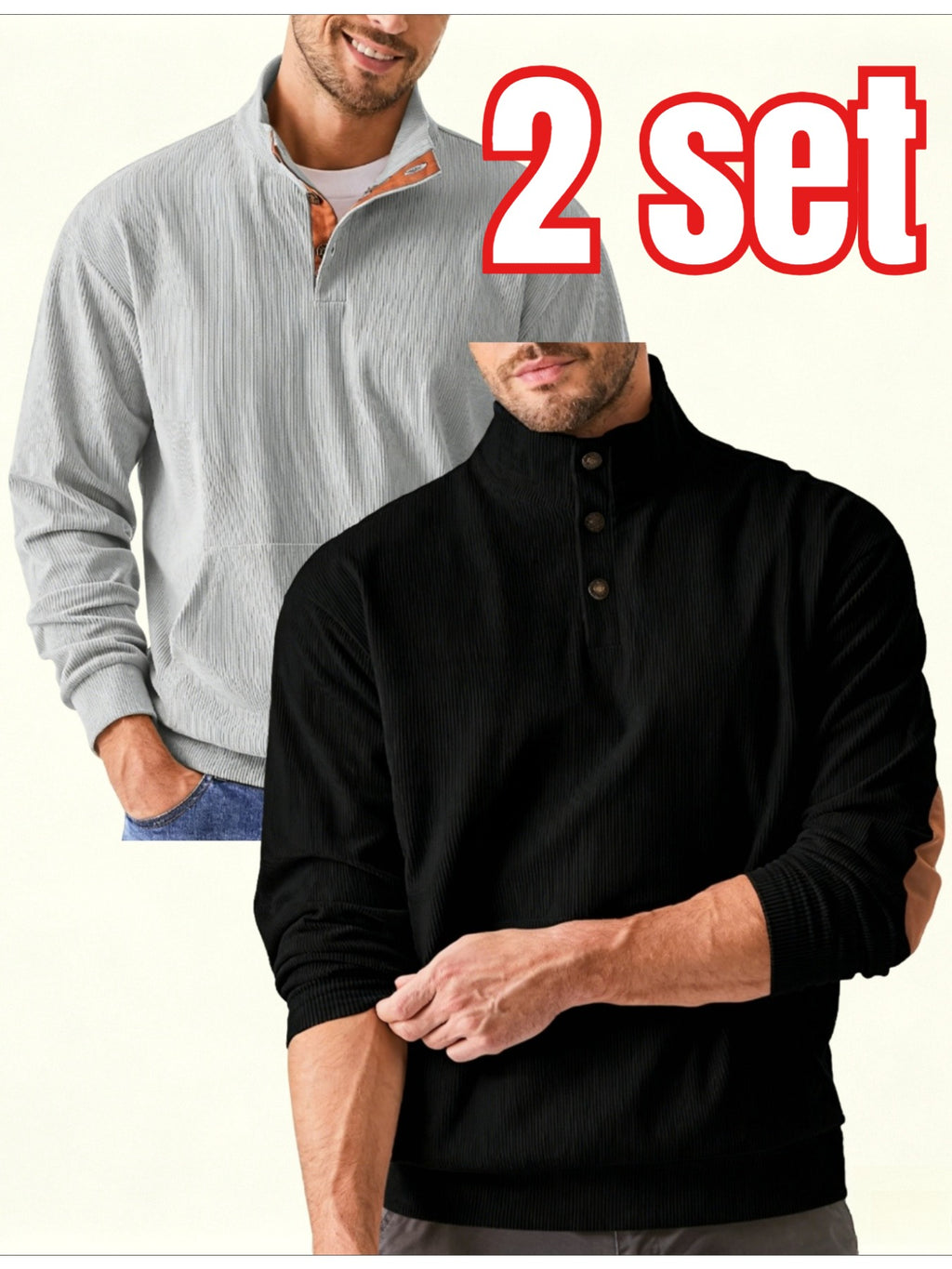 2pcs Men'S Corduroy Half-Button Stand Collar Long Sleeve Pullover Sweater, Contrast Color Button-Front Half-Open, Elbow Contrast Patchwork Decoration, Front Kangaroo Pocket, Ribbed Cuffs And Hem Retro Fashion Sweatshirt - hui+hei
