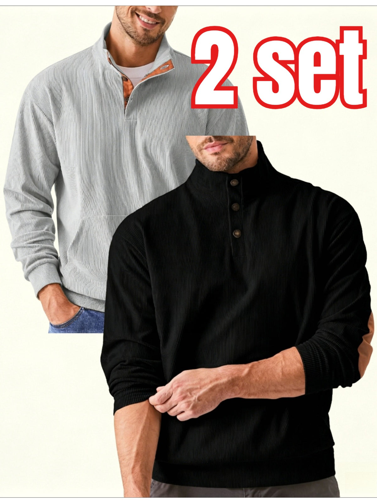 2pcs Men'S Corduroy Half-Button Stand Collar Long Sleeve Pullover Sweater, Contrast Color Button-Front Half-Open, Elbow Contrast Patchwork Decoration, Front Kangaroo Pocket, Ribbed Cuffs And Hem Retro Fashion Sweatshirt - hui+hei