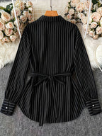 [Size for Regular Fit] Women'S Spring Autumn Elegant Striped Loose Long Sleeve Shirred Blouse, Chain Detail Tie-Waist Shirt - Black