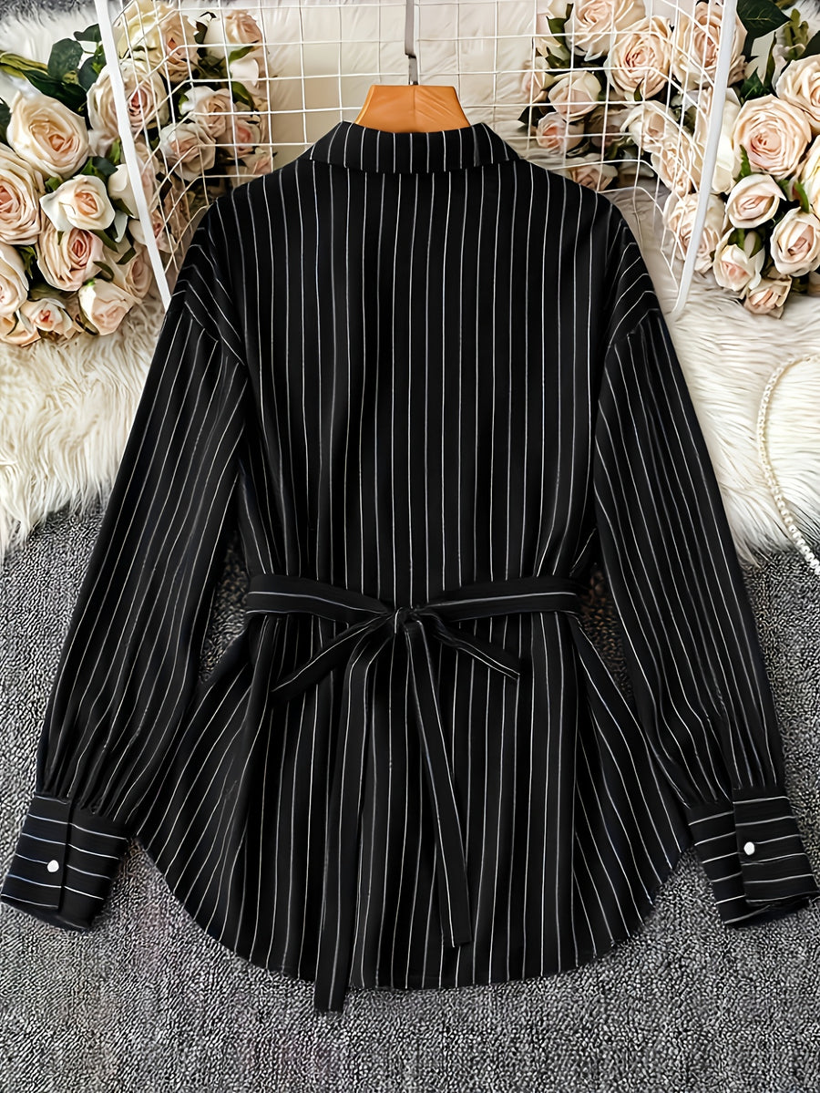 [Size for Regular Fit] Women'S Spring Autumn Elegant Striped Loose Long Sleeve Shirred Blouse, Chain Detail Tie-Waist Shirt - Black