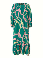 Fashion Printed Muslim Women'S Dress Long Sleeve Retro Loose Maxi Dress Ruffle - Green