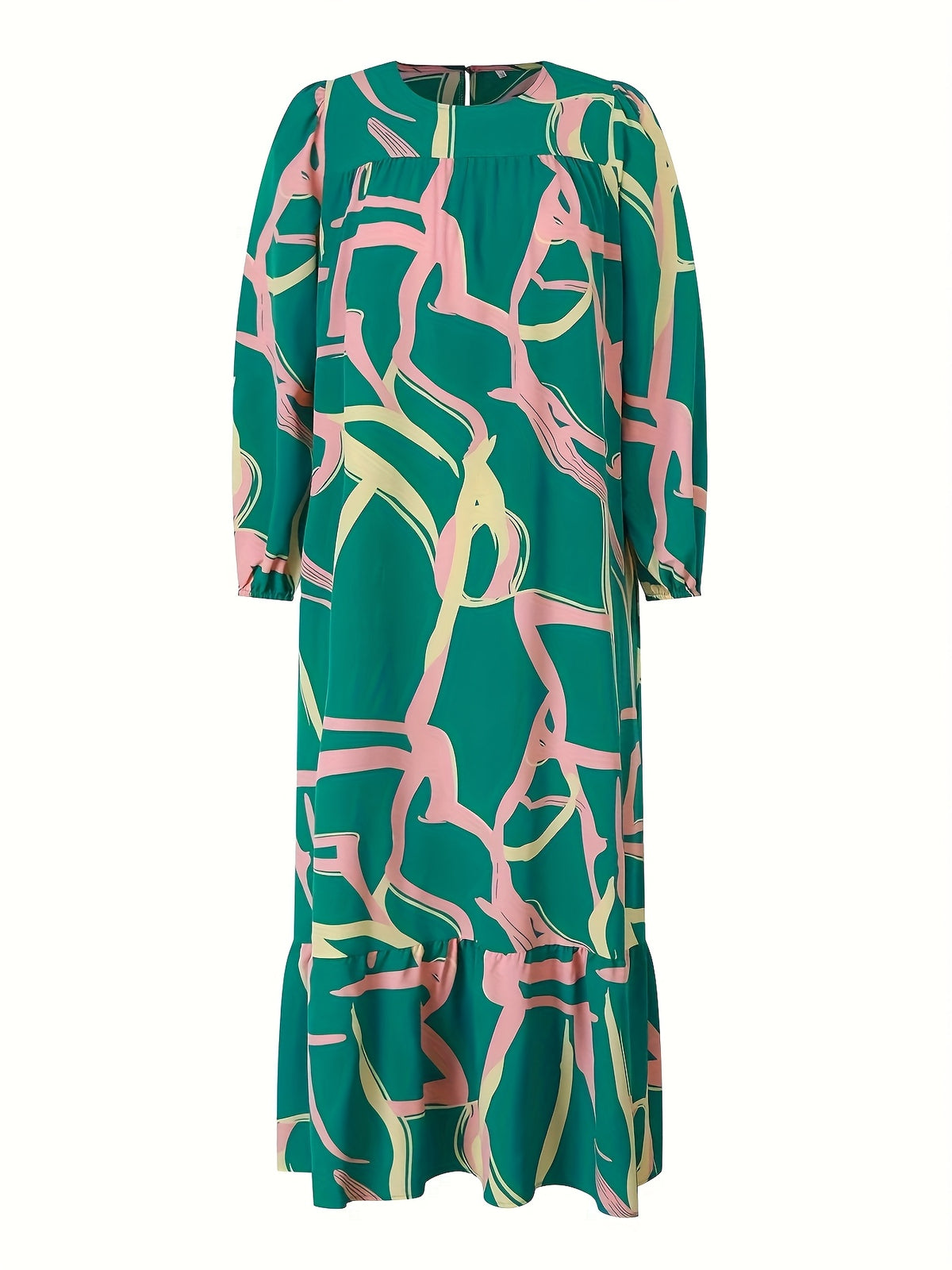 Fashion Printed Muslim Women'S Dress Long Sleeve Retro Loose Maxi Dress Ruffle - Green