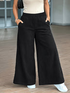 Plus Size, Women's Plus Size Corduroy Fashion Casual Wide-Leg Pants with Pocket Design, Elegant Loose Straight-Leg Trousers, High-Waist Flowy Wide-Leg Pants, Loose Fit Long Pants - Black