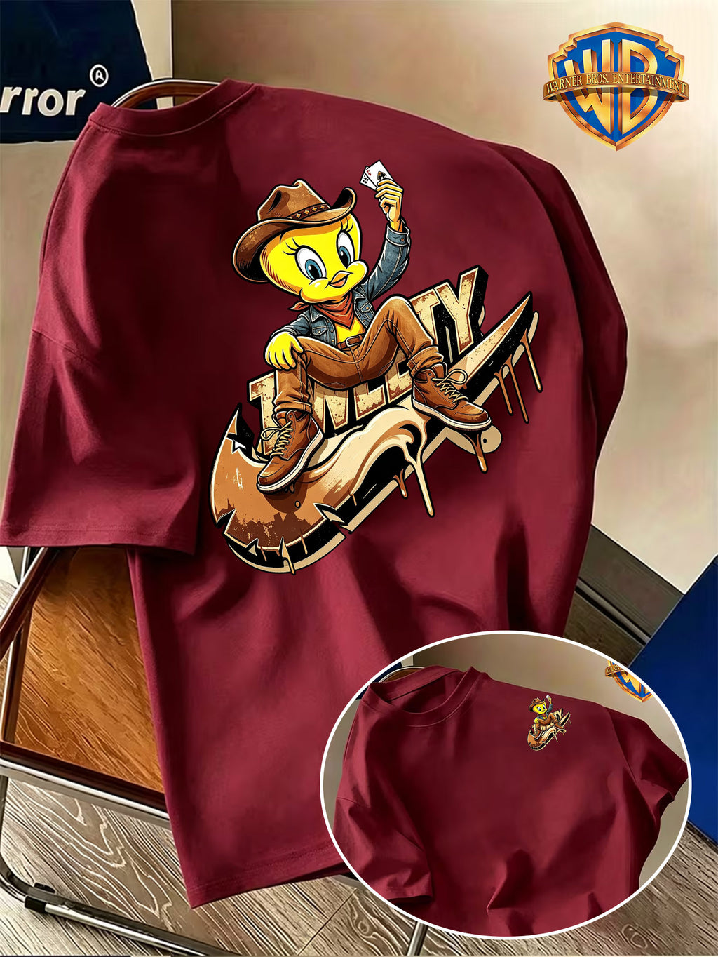 Warner Bros. Official Men's Short-Sleeve T-Shirt with Front and Back Print. Features a Creative  Core Western Cowboy Style Design with  Bird Holding Playing Cards. The Vibrant Print Creates a Strong Atmosphere, Making the Shirt Eye-catching - Burgundy
