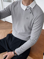 Men's Spring/Autumn Long Sleeve Thin Sweatshirt, Waffle Knit Color Block Slant Collar Long Sleeve Polo Shirt with Small Logo Embroidery, Casual Commuter Top - Light Grey