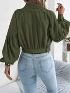 Spring Autumn Casual Vacation Solid Color Single Breasted Lantern Long Sleeve Corduroy Short Coat Women'S Jacket - Olive Green