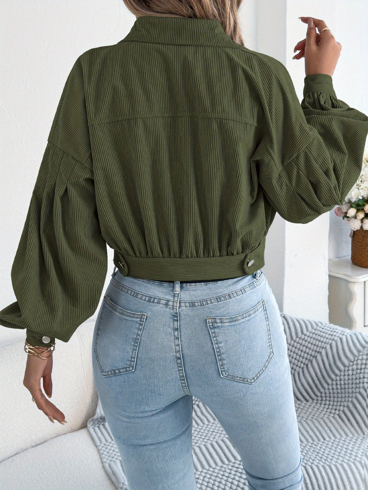 Spring Autumn Casual Vacation Solid Color Single Breasted Lantern Long Sleeve Corduroy Short Coat Women'S Jacket - Olive Green