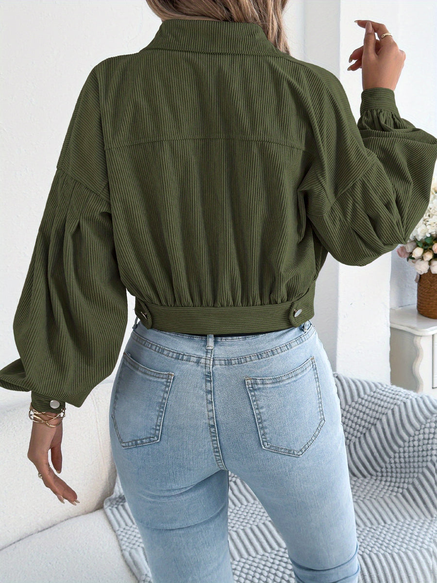 Spring Autumn Casual Vacation Solid Color Single Breasted Lantern Long Sleeve Corduroy Short Coat Women'S Jacket - Olive Green