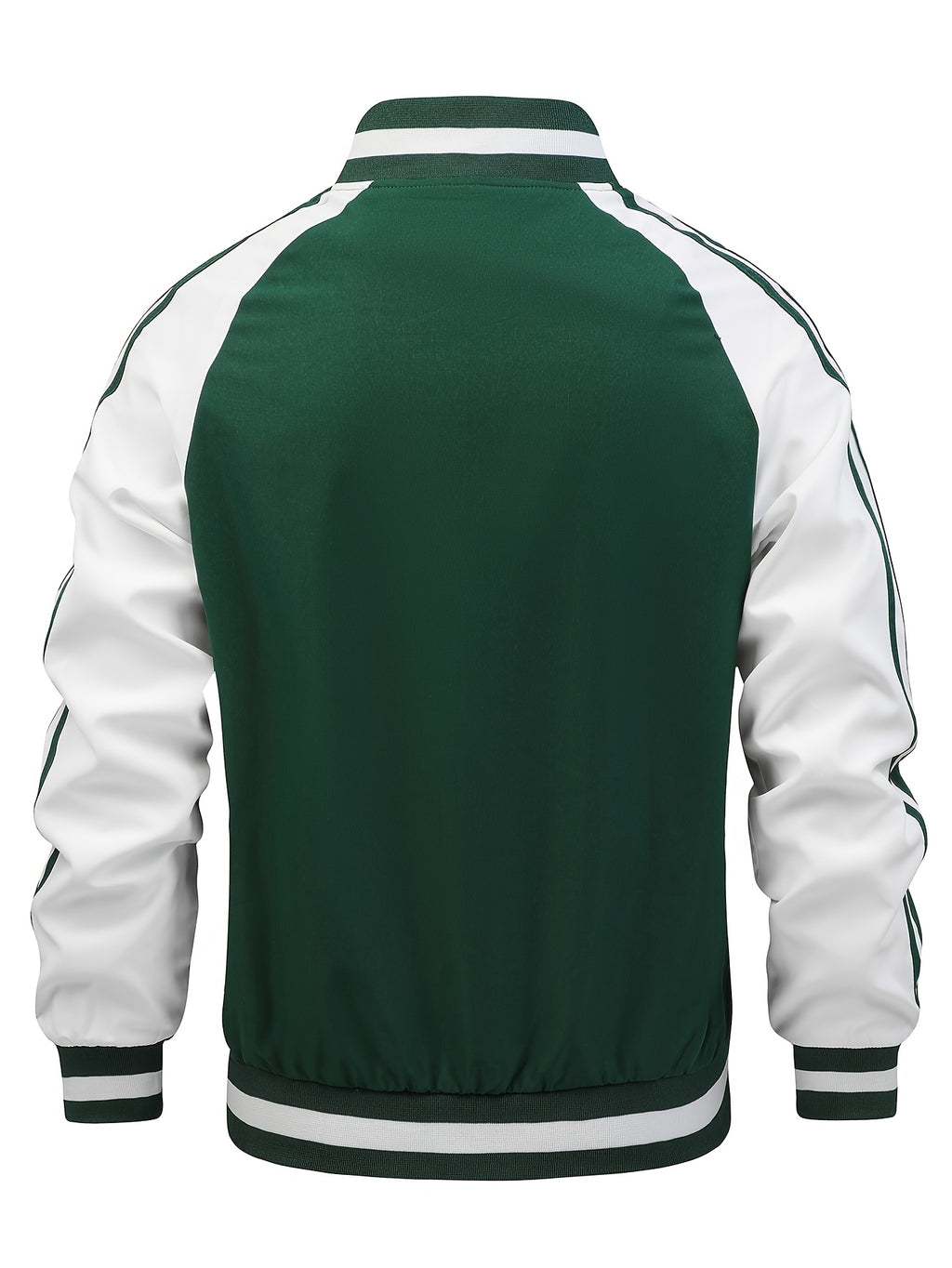 Men's Spring/Autumn Color-Block Striped Lightweight Jacket with Mesh Lining, Casual Outerwear, Outdoor Sports Baseball Jacket, Raglan Sleeve Design, Cropped Style - Dark Green