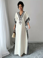 Elegant Middle Eastern Style V-Neck Batwing Sleeve Turkish Robe Dress - Long Loose Side Slit Design, Machine Washable for Spring Summer Fall Casual And Formal Wear, Tassel Fabric Soft And Breathable, Bohemian Vacation Style - Milky