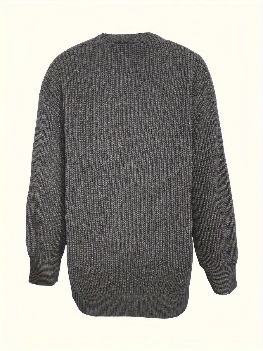 Casual V-Neck Single-Button Sweater Women'S Fall Winter Outerwear Top - Grey