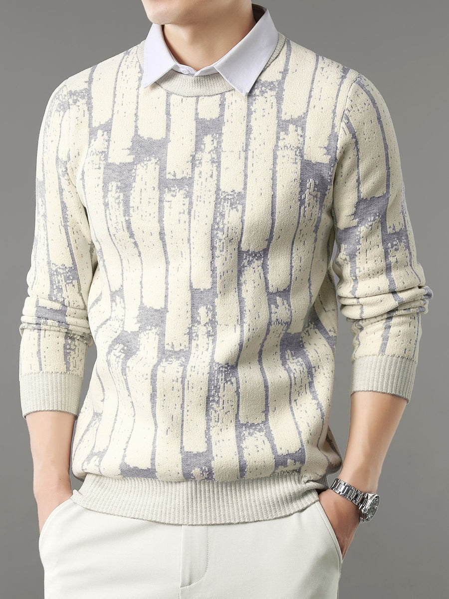 New High-End Men's Crew Neck Thickened Trendy Fashion Men's Autumn/Winter Warm Casual Base Layer Knit Sweater Valentine's Day Gift - Off-white