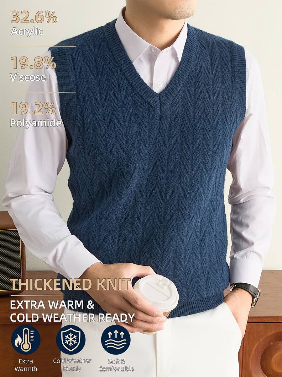 Men's Autumn & Winter Knitted Sweater Vest, Classic V-Neck with Raised Herringbone Texture, Thick & Warm, Timeless Refined Style for Work, Casual Wear, Outdoor Activities & Camping, Ideal Gift for Dad or Husband - Ha Qing