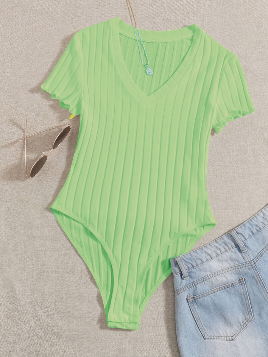 Lettuce Border Ribbed Bodycon Dress - Yellow-green