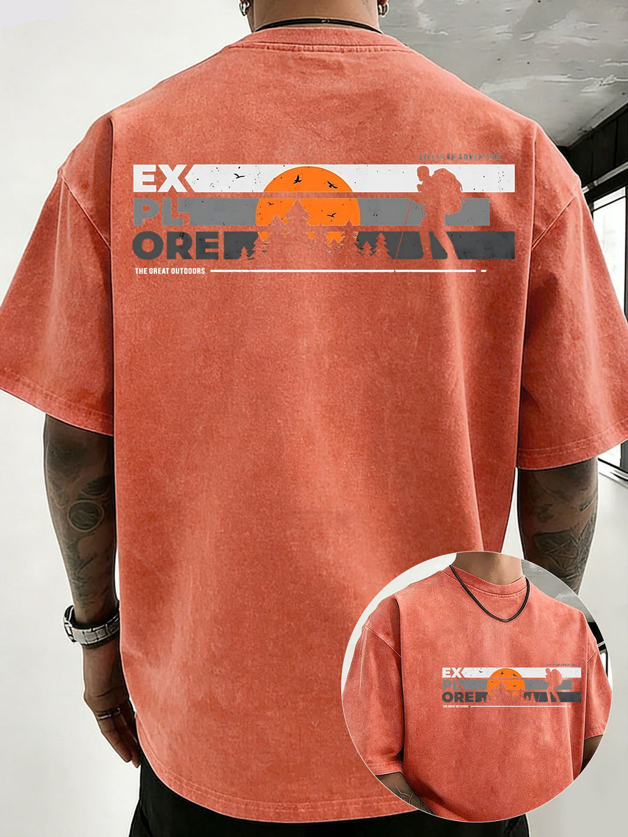 Short Sleeve T-Shirt Men'S Heavy Washed Distressed Loose Top Trendy Reversible Double-Sided Print Overbearing Flame Tiger Head Dark Trendy Print 12 Colors Random Match High Street Hip-Hop Style Daily Commute Fitness Couple Style Street Style Nationa - Orange