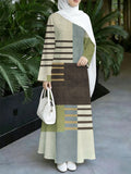 Asian Size 1pc 2D Flat Printed Design Muslim Robe Women's Khaki Grey Plaid Striped Patchwork Long Sleeve Abaya Maxi Dress Daily Commuting and Home Wear - Eid Festival Dress  Prayer, Family Gathering -Comfortable Abayas Robe Middle, 2D Flat - Mixed Color 3
