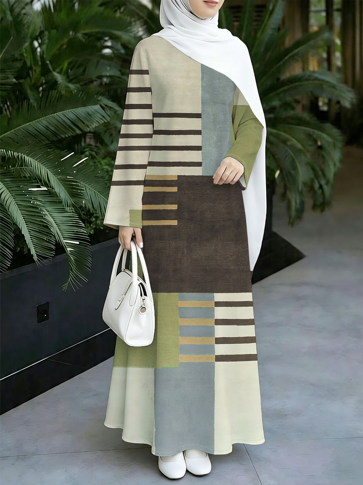 Asian Size 1pc 2D Flat Printed Design Muslim Robe Women's Khaki Grey Plaid Striped Patchwork Long Sleeve Abaya Maxi Dress Daily Commuting and Home Wear - Eid Festival Dress  Prayer, Family Gathering -Comfortable Abayas Robe Middle, 2D Flat - Mixed Color 3