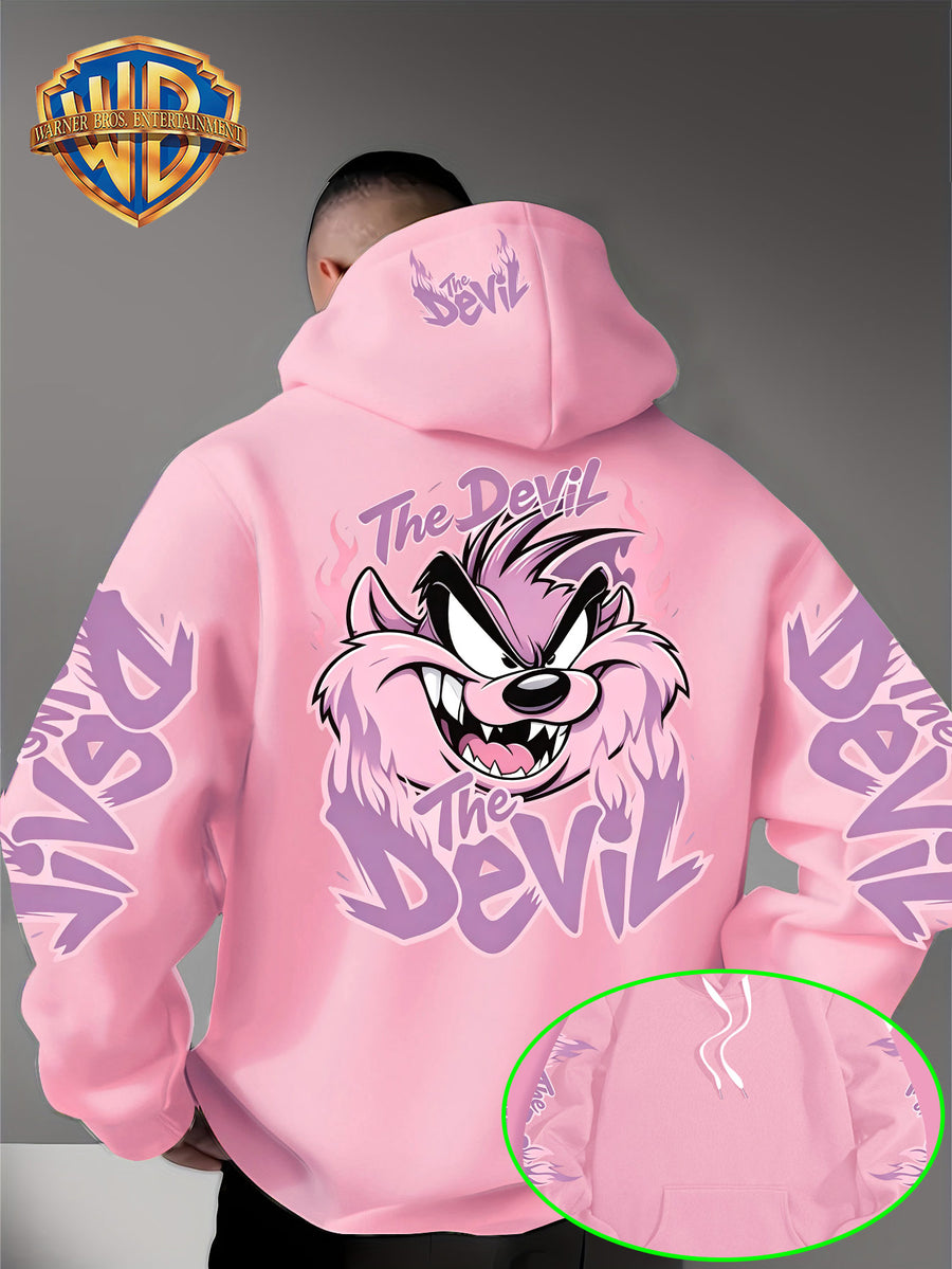 Le Yitong Tasmanian Devil Big Mouth Monster Print Hoodie, with Sleeve Print Design, Kangaroo Pouch And Drawstring Hood, Suitable for Autumn/Winter Casual Wear And Outdoor Activities - Pink Color