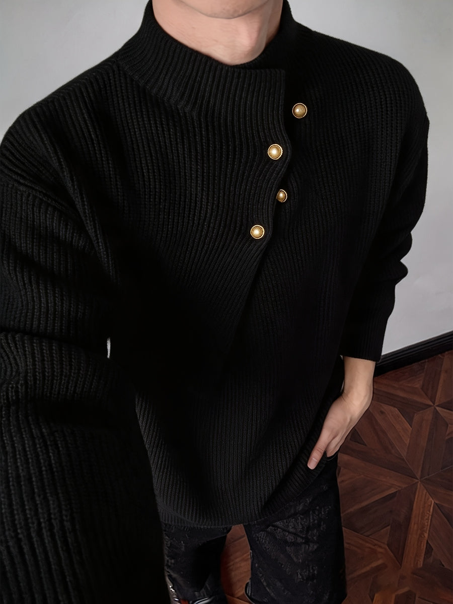 Men's Half-Turtleneck Sweater, Vintage Loose Drop-Shoulder Fit, Old Money Style Simple Casual Design, Autumn/Winter Warm Cable Knit Fabric, Skin-Friendly and Soft, Diagonal Placket with Button Row, Versatile Men's Knit Top, Men's Long-Sleeve Pullover - Black