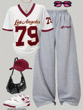 Plus Size Letter + Number 79 Print Short Sleeve Pants Set | Casual Sporty Loose V-Neck Short Sleeve Wide-Leg Pants Set | Summer Autumn Outing Fashion Spliced Collar Contrast Color Short Sleeve Pants Set - White Grey