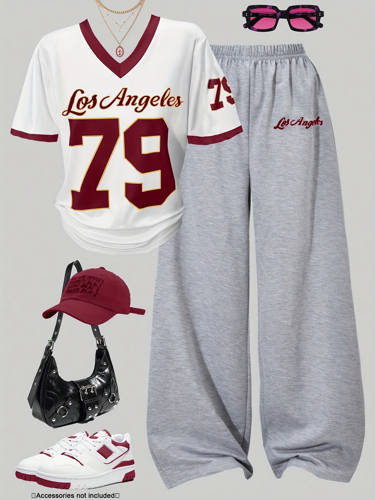 Plus Size Letter + Number 79 Print Short Sleeve Pants Set | Casual Sporty Loose V-Neck Short Sleeve Wide-Leg Pants Set | Summer Autumn Outing Fashion Spliced Collar Contrast Color Short Sleeve Pants Set - White Grey