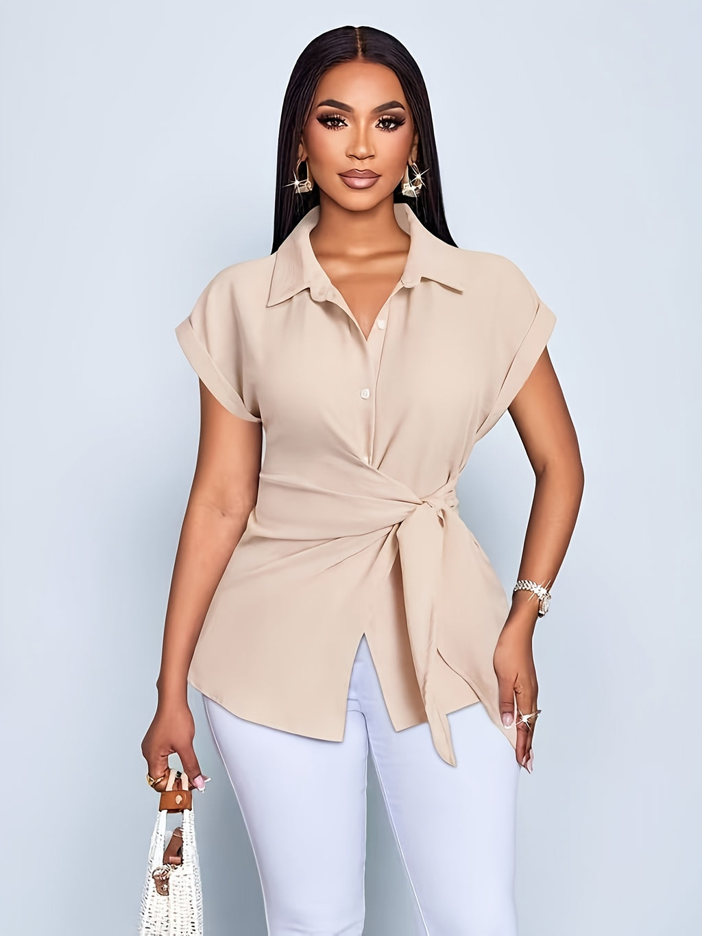 Western Elegant Directional Elegant Commuter Solid Color Summer Lapel Short Sleeve Button Bow Elegant Women'S Blouse - Apricot