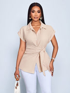 Western Elegant Directional Elegant Commuter Solid Color Summer Lapel Short Sleeve Button Bow Elegant Women'S Blouse - Apricot