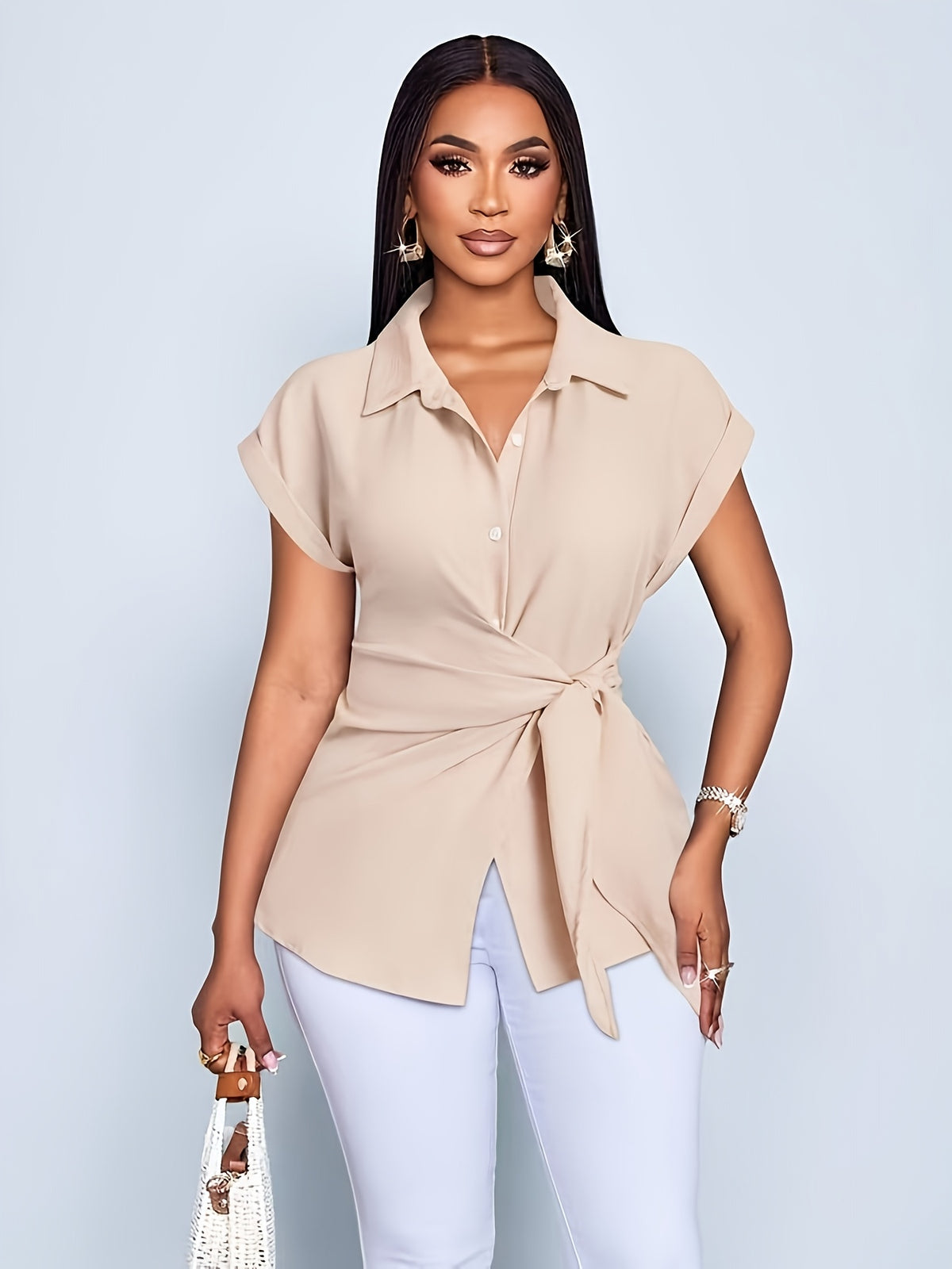 Western Elegant Directional Elegant Commuter Solid Color Summer Lapel Short Sleeve Button Bow Elegant Women'S Blouse - Apricot