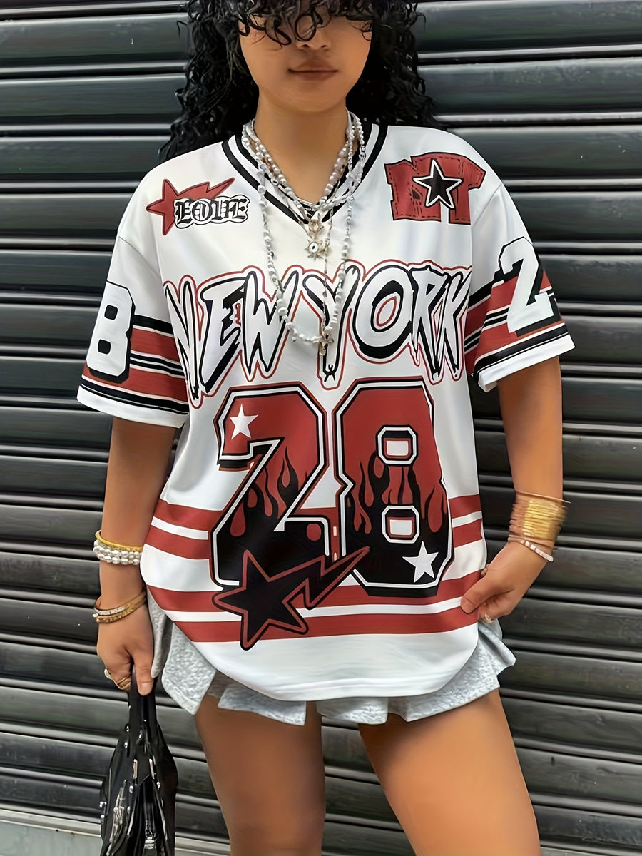 Women'S Top Casual Color-Block Striped Letter And Number Print Short Sleeve Women'S T-Shirt - Red