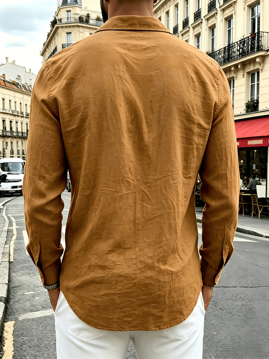 Men'S Linen Blend Long Sleeve Collared Button-Up Shirt, Casual Textured Wrinkle-Resistant Summer Top, Single Pocket Design with Adjustable Cuffs, Loose Fit Lightweight Breathable Beach Linen Shirt, V-Neck Relaxed Casual Shirt, Suitable for Vacation - Rust