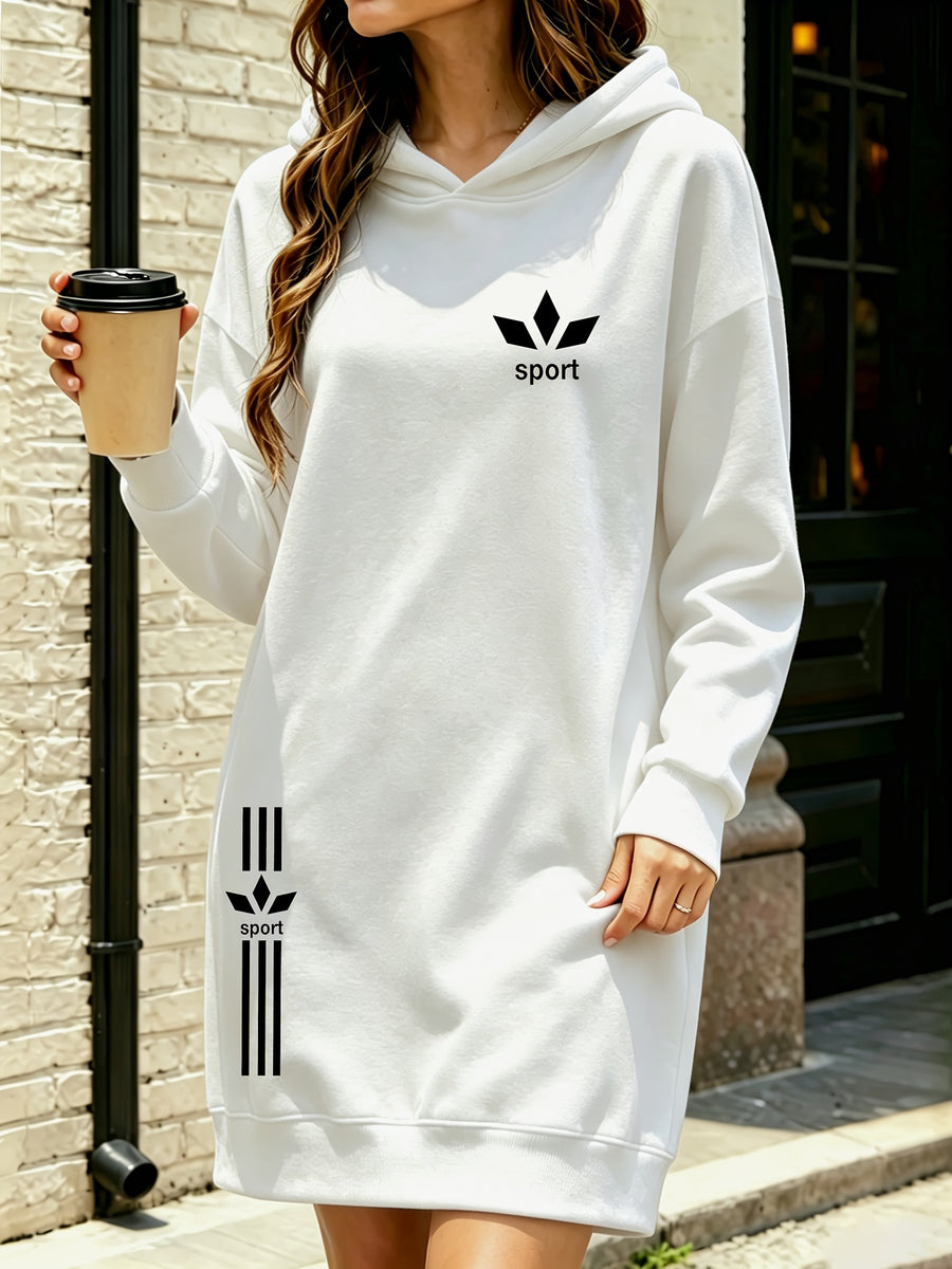 Letter Print Hooded Sweatshirt Dress Women'S Oversize Loose Mid-Length Three-Bar Sweatshirt Dress Autumn And Winter Casual Versatile Style - White