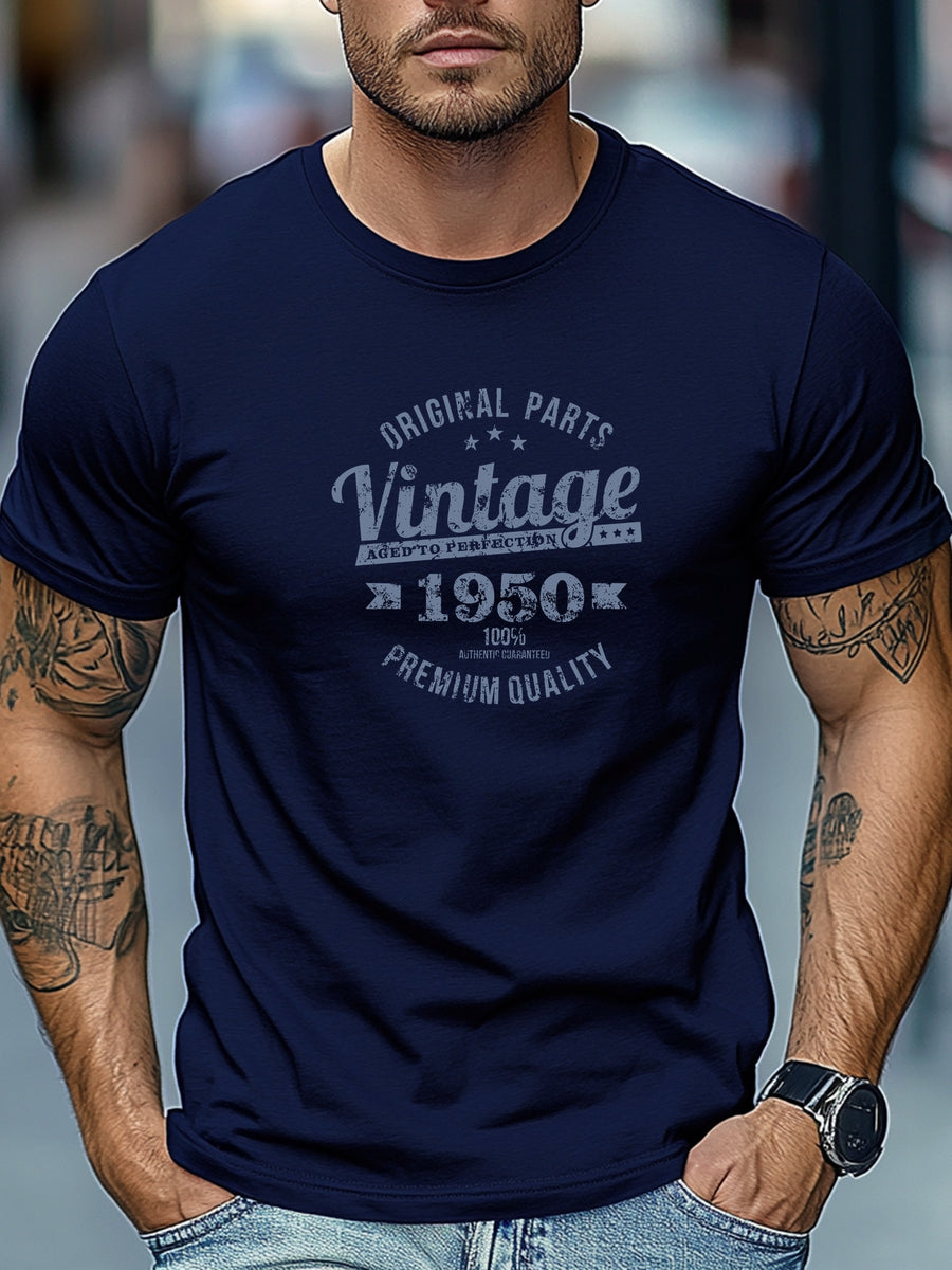 Men'S Original Parts Vintage Pattern Summer Casual Round Neck Short Sleeve T-Shirt - Navy Color