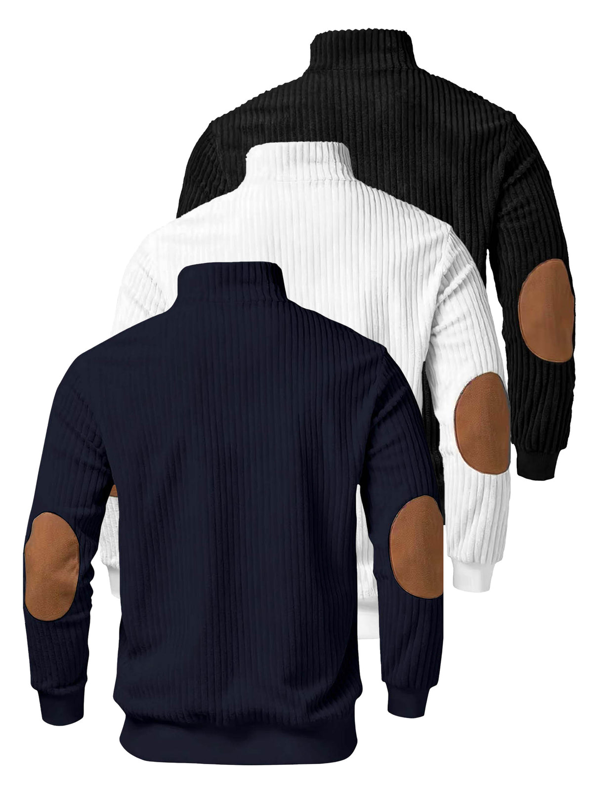 A 3pcs Men's Top Featuring Ribbed Cable-knit with Brown Block Design, Stand-up Collar, and Zipper Closure, Suitable for Both Daily Commutes and Formal Occasions, Offering a Casual yet Elegant Look - Black+white+navy Blue