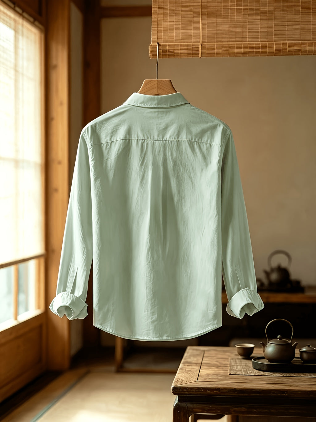 Men'S Autumn Classic Solid Color Long Sleeve Button-Up Shirt, Lapel Collar Casual Blouse, Loose Soft Breathable Daily Top - Military Green