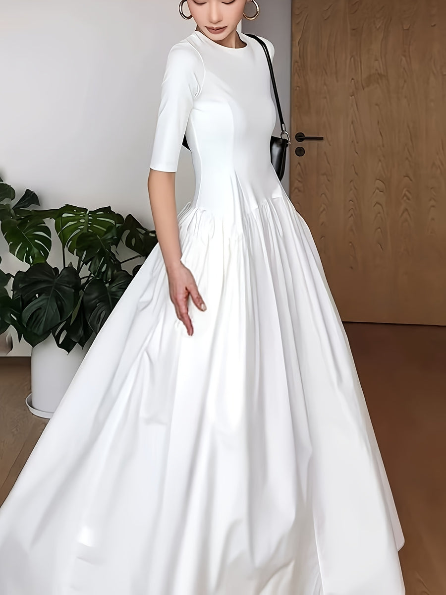 Elegant French Style Maxi Dress with Smock Waist & Ruffle Hem - -Length Party Wedding Guest Gown, Machine Washable Spring Summer Fall Formal Evening Dress - Ivory White