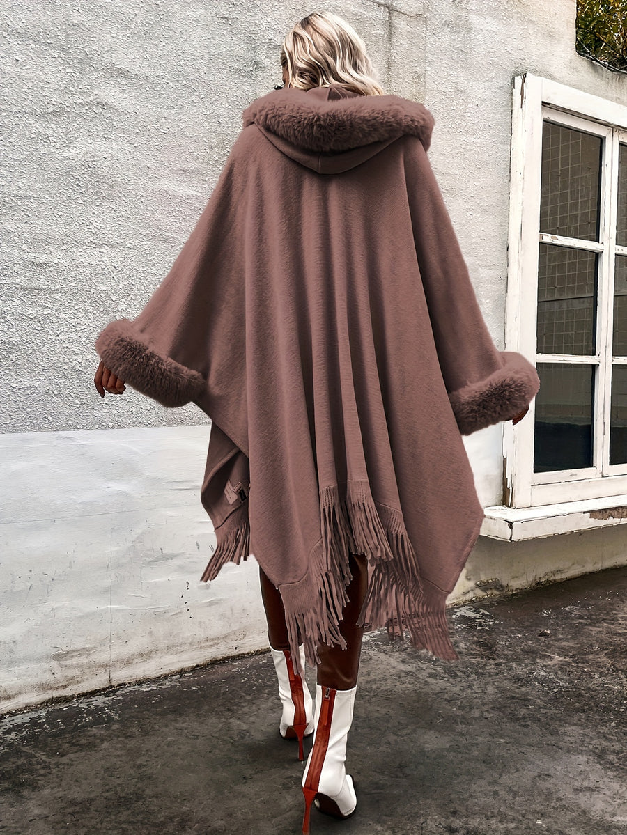New Luxurious Faux Hooded Cardigan Sweater with Tassel Shawl Cape for Autumn And Winter in Europe And America - Khaki