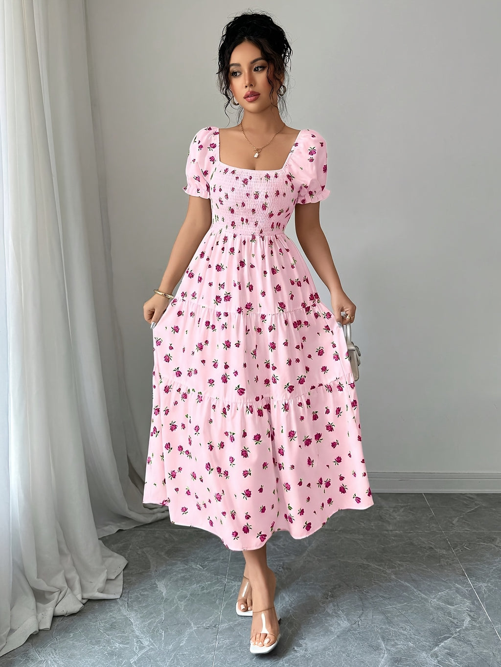Women'S Ruched Square Neck Short Sleeve Ruffled Hem Dress with Ditsy Floral Print, Suitable for Casual, Work, Travel, Beach, Bohemian, Western, Music Festival, Countryside Style - pink color