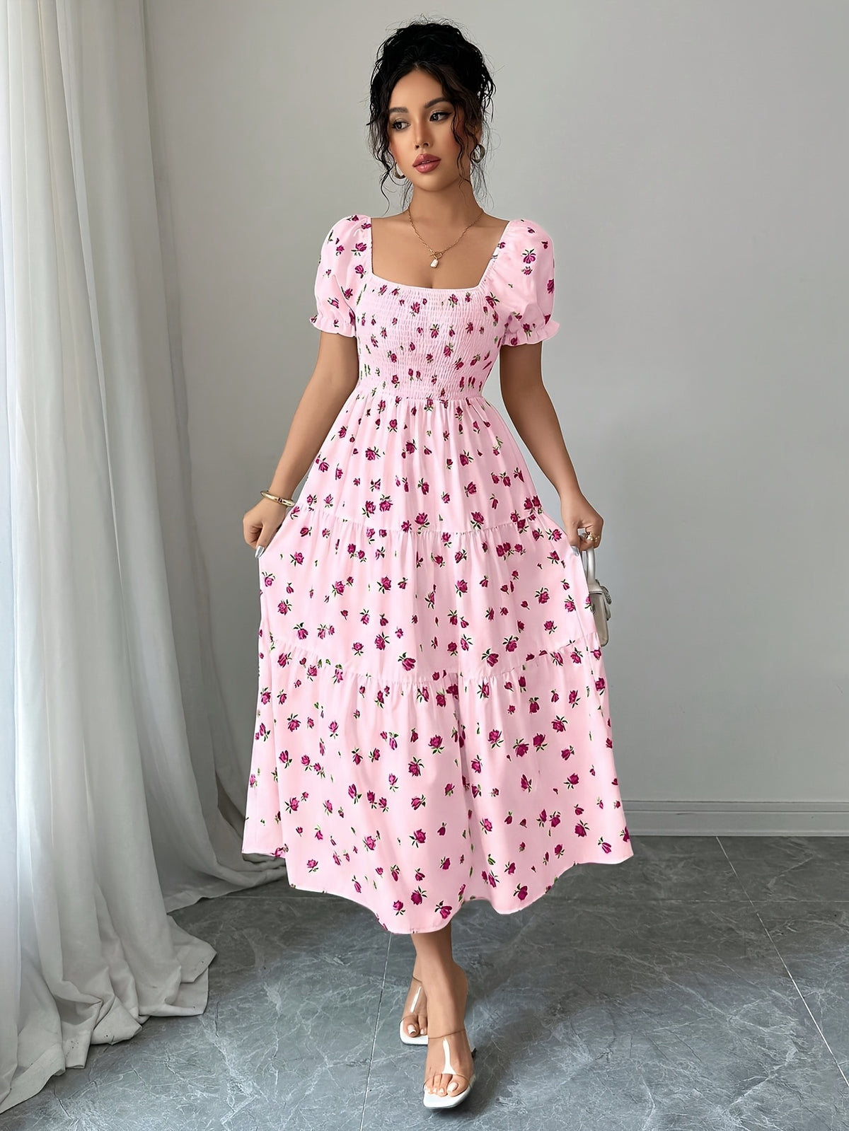 Women'S Ruched Square Neck Short Sleeve Ruffled Hem Dress with Ditsy Floral Print, Suitable for Casual, Work, Travel, Beach, Bohemian, Western, Music Festival, Countryside Style - pink color