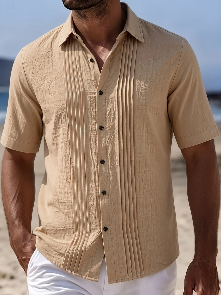 Men's Solid Color Button-Up Lapel Collar Short Sleeve Shirt - Breathable Textured Linen Button-Front Collar Shirt Suitable for Beach, Casual & -Casual Wear, Summer Office Outfits - Non-Stretch Button Collar - Khaki