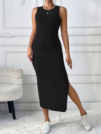 Chic + Long Sleeve Knitted Cardigan and Sleeveless Dress Set - Black