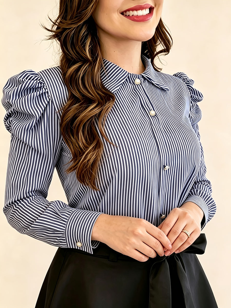 Extended Version: Women's Striped Long-Sleeve Business Shirt, Elegant Commuter Blouse with Front Button Design, Office Workwear - Blue Stripes