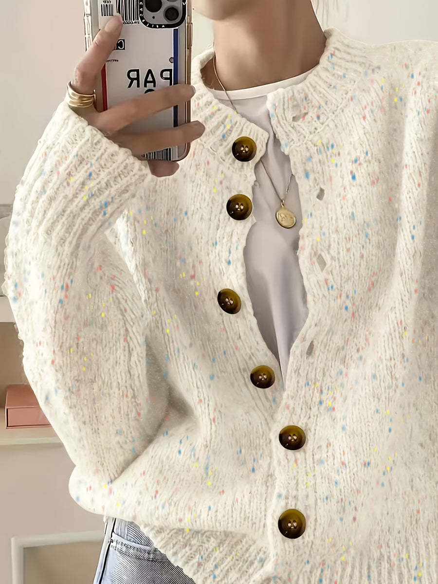 Women's Casual Colorful Button-front Cardigan with Soft Long Sleeves, Round Neck, Light-weight Fashion Candy-colored Dot Pattern, Casual and Elegant Garment | Stretch Fabric Cardigan Suitable for Casual Attire - Milky