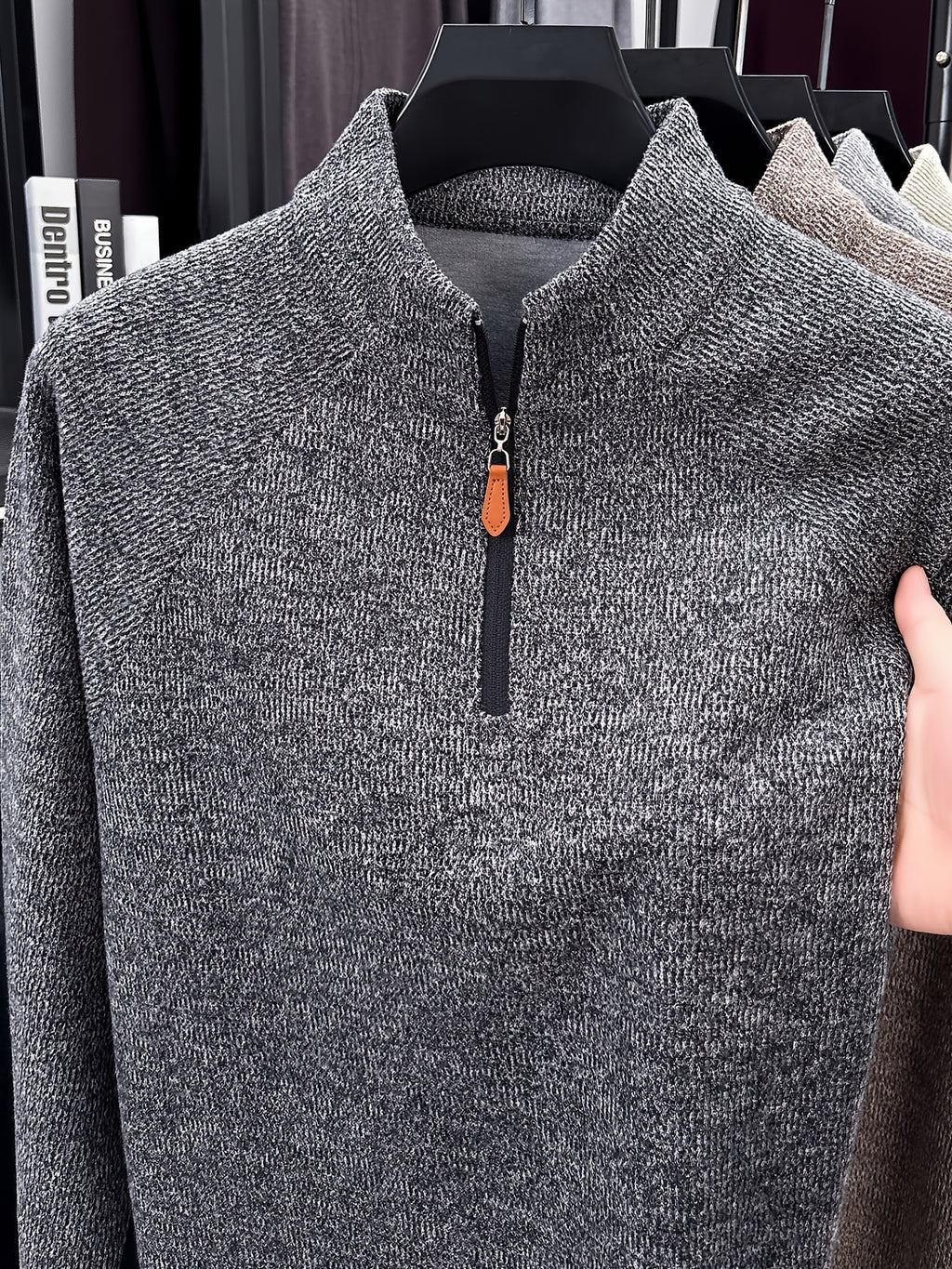 1pc Du Jing Lan OBM Men's Half-Zip Sweater - Solid Color Ribbed Knit Pullover with Stand Collar, Half-Zip Front Suitable for Layering, Business Casual & Outdoor Wear, Long Sleeve for Golf, Basketball, Daily Layering ( Autumn/Winter New Arrival) - Dark Gray