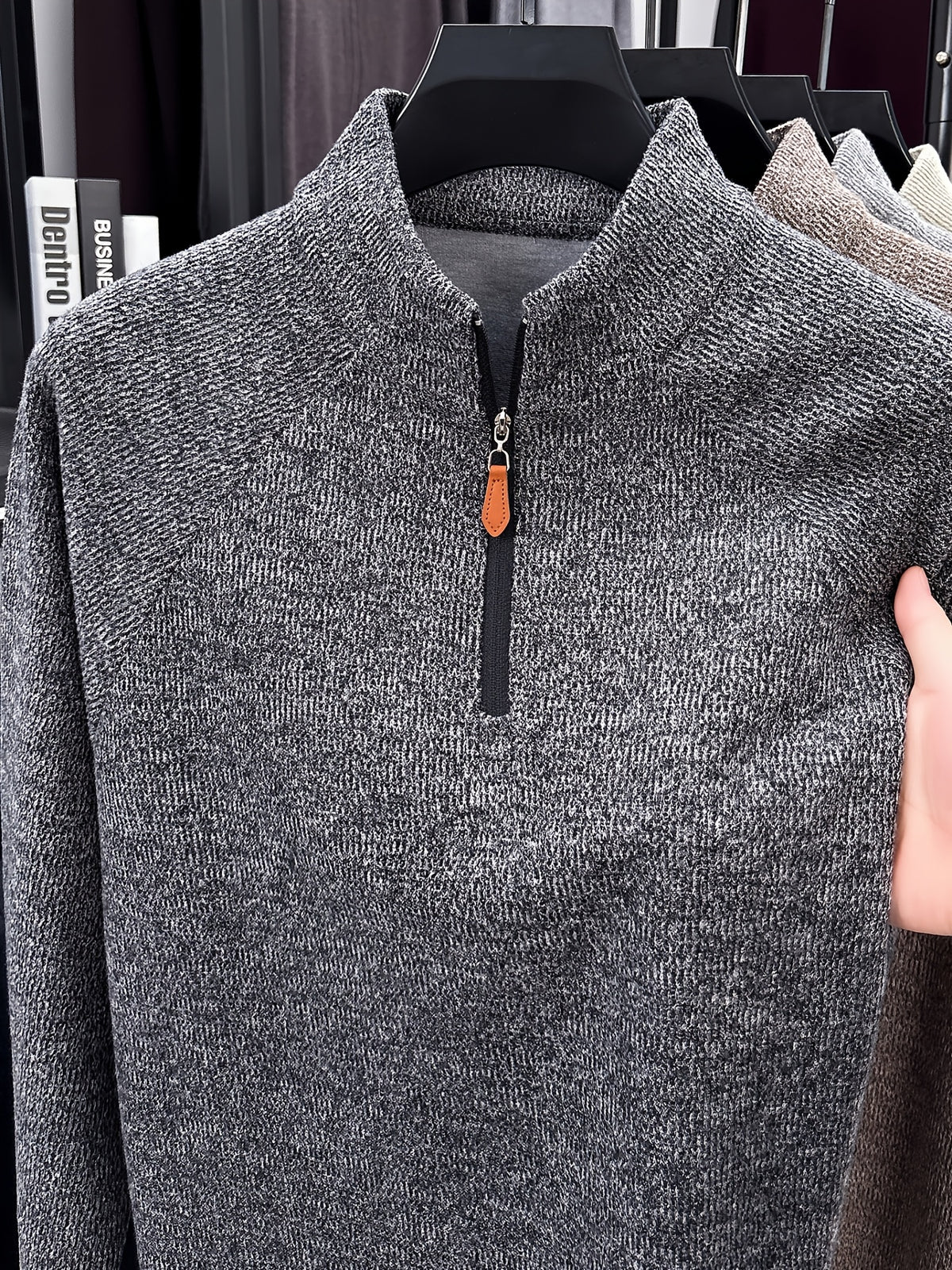 1pc Du Jing Lan OBM Men's Half-Zip Sweater - Solid Color Ribbed Knit Pullover with Stand Collar, Half-Zip Front Suitable for Layering, Business Casual & Outdoor Wear, Long Sleeve for Golf, Basketball, Daily Layering ( Autumn/Winter New Arrival) - Dark Gray
