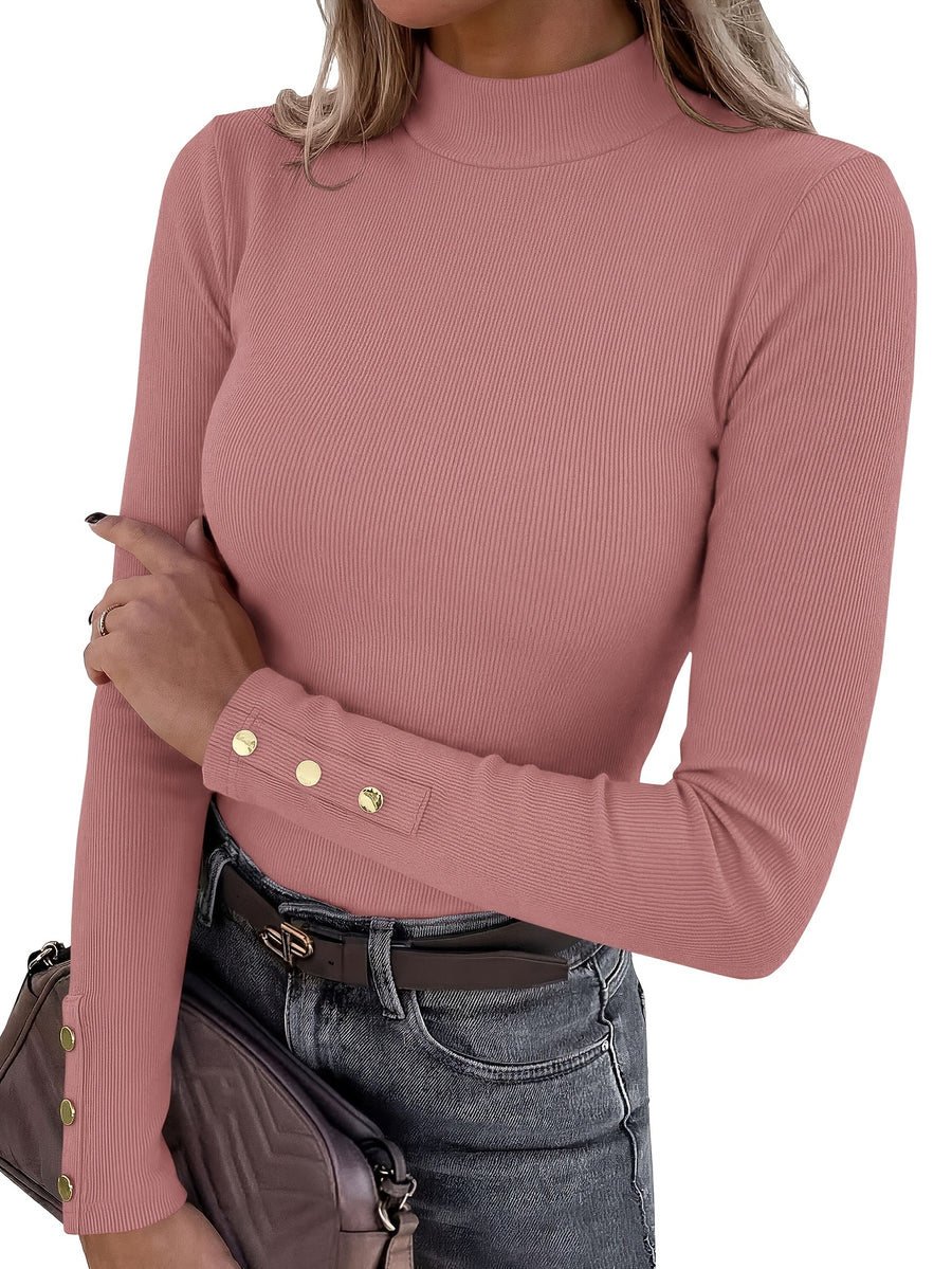 Women'S 3pcs Set High Neck Ribbed Fashion Top with Buttons, Comfortable Casual Long Sleeve Body Suit Top - Red Bean Paste Dirty Pink + White + Black