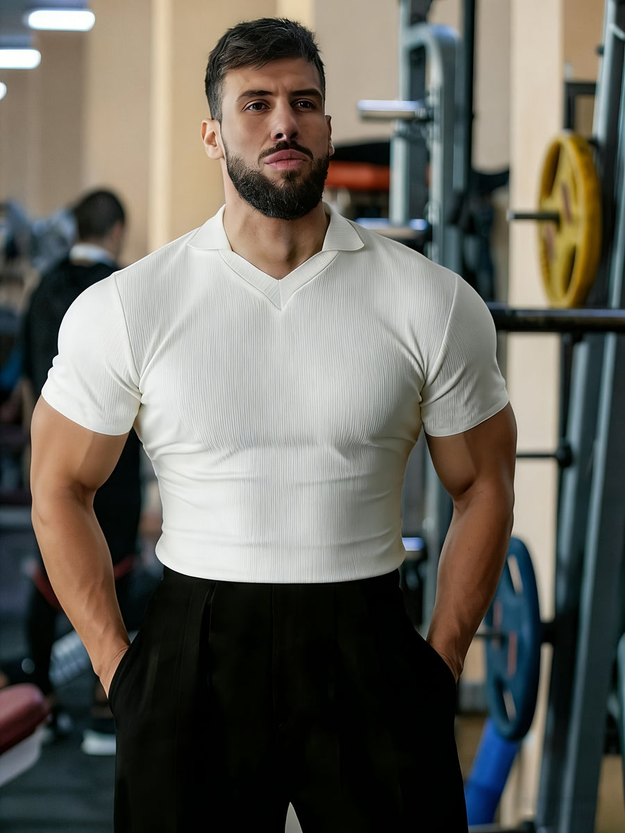 3pcs Men's Buttonless V-Neck Polo Shirt, Ribbed Texture Henley Shirt, High-Stretch Non-Constricting Fitness Muscle Men's Slim-Fit Short-Sleeve T-Shirt - Black+white+black