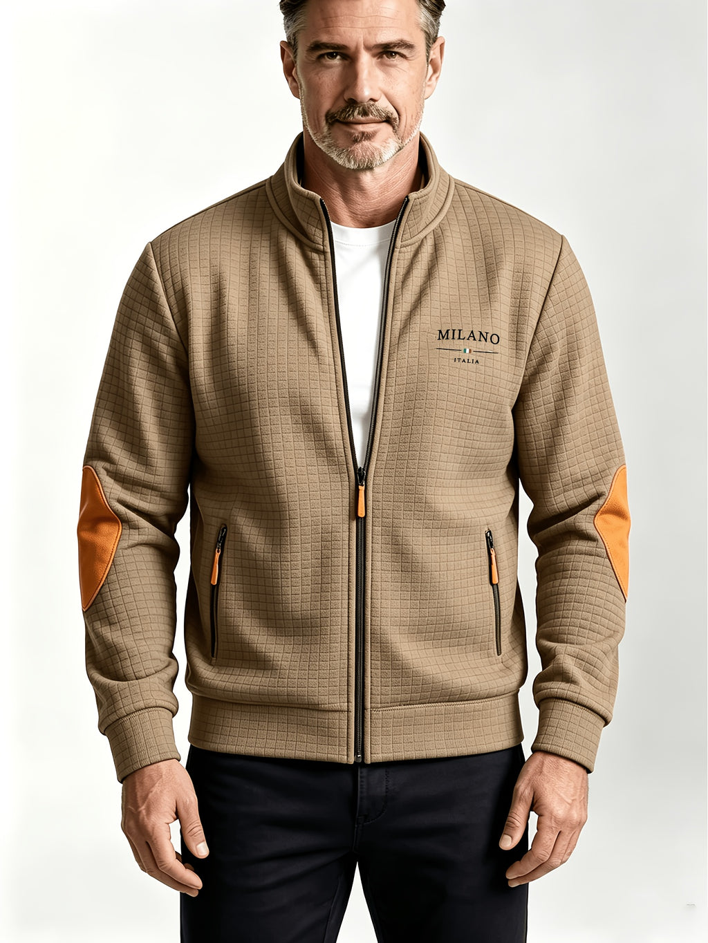 Men'S Autumn Winter Sports Stand-Collar Zipper Pocket Jacket, Spring Autumn Versatile Zipper Cardigan Top, Fashionable Plaid Jacquard Texture Fabric, Stylish Elbow Classic Color-Block Casual Coat, Suitable As Men'S Holiday Gift - Khaki