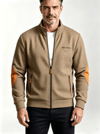Men'S Autumn Winter Sports Stand-Collar Zipper Pocket Jacket, Spring Autumn Versatile Zipper Cardigan Top, Fashionable Plaid Jacquard Texture Fabric, Stylish Elbow Classic Color-Block Casual Coat, Suitable As Men'S Holiday Gift - Khaki