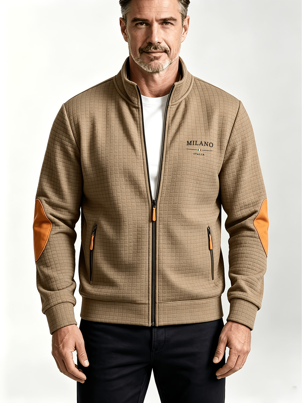 Men'S Autumn Winter Sports Stand-Collar Zipper Pocket Jacket, Spring Autumn Versatile Zipper Cardigan Top, Fashionable Plaid Jacquard Texture Fabric, Stylish Elbow Classic Color-Block Casual Coat, Suitable As Men'S Holiday Gift - Khaki